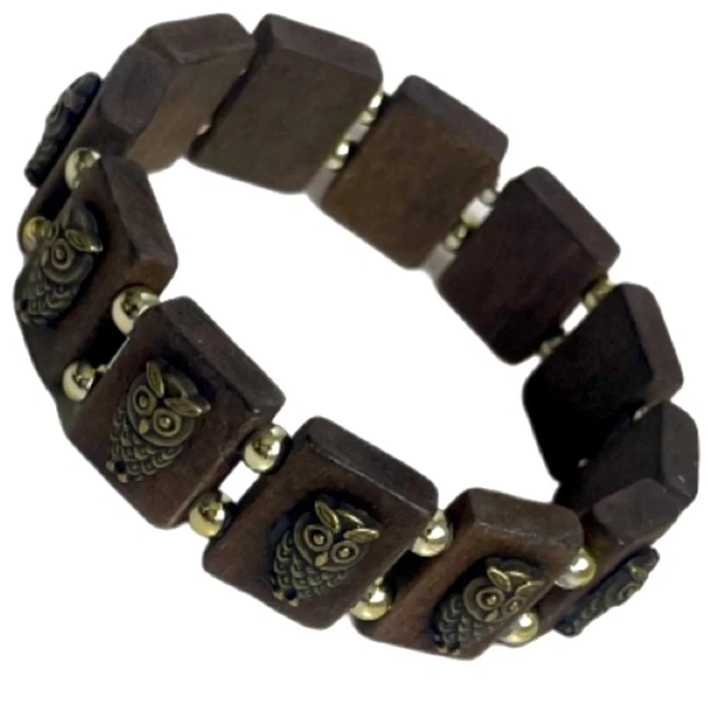 Beaded Owl Wooden Stretch Bracelet Owl Infinity Charm Bracelet